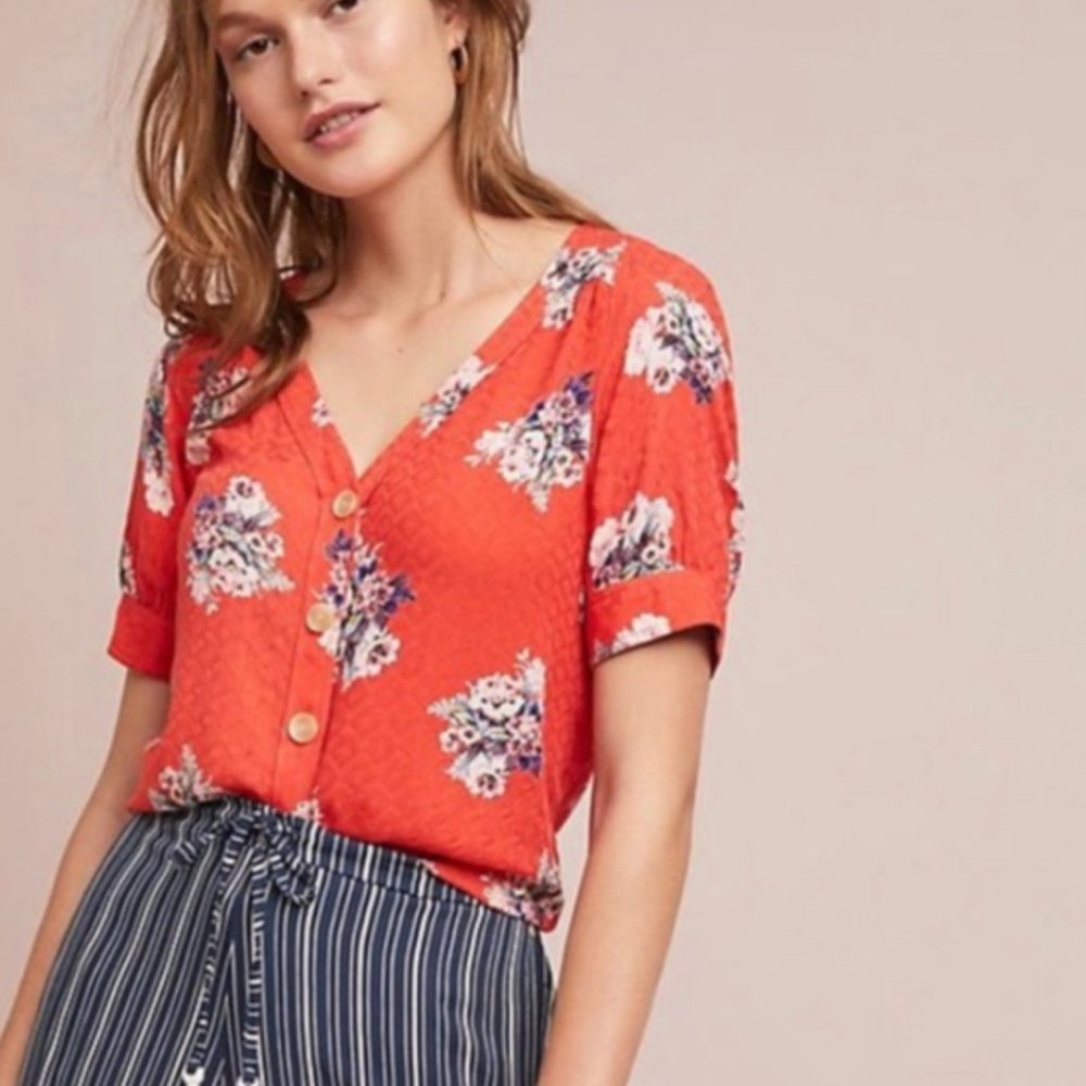 Anthropologie Maeve Floral Hansley Orange Blouse